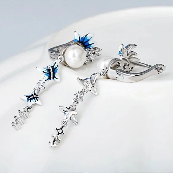 Blue and White Butterflies Long Tassel Earrings 925 Sterling Silver - Picture 3 of 5